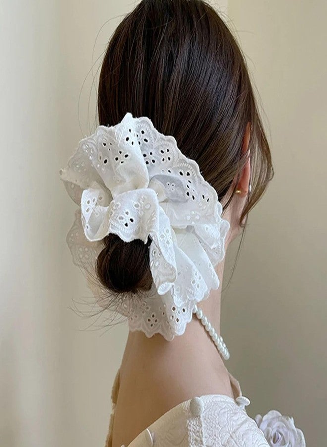 RED-SHYN 2 Pcs Large White Lace Scrunchies for Women, Lace Double Layer Fancy Satin Hair Scrunchie Elastic Hair Tie Ropes Thick Hair Bulk Scrunchies Accessories (White) - Image 3